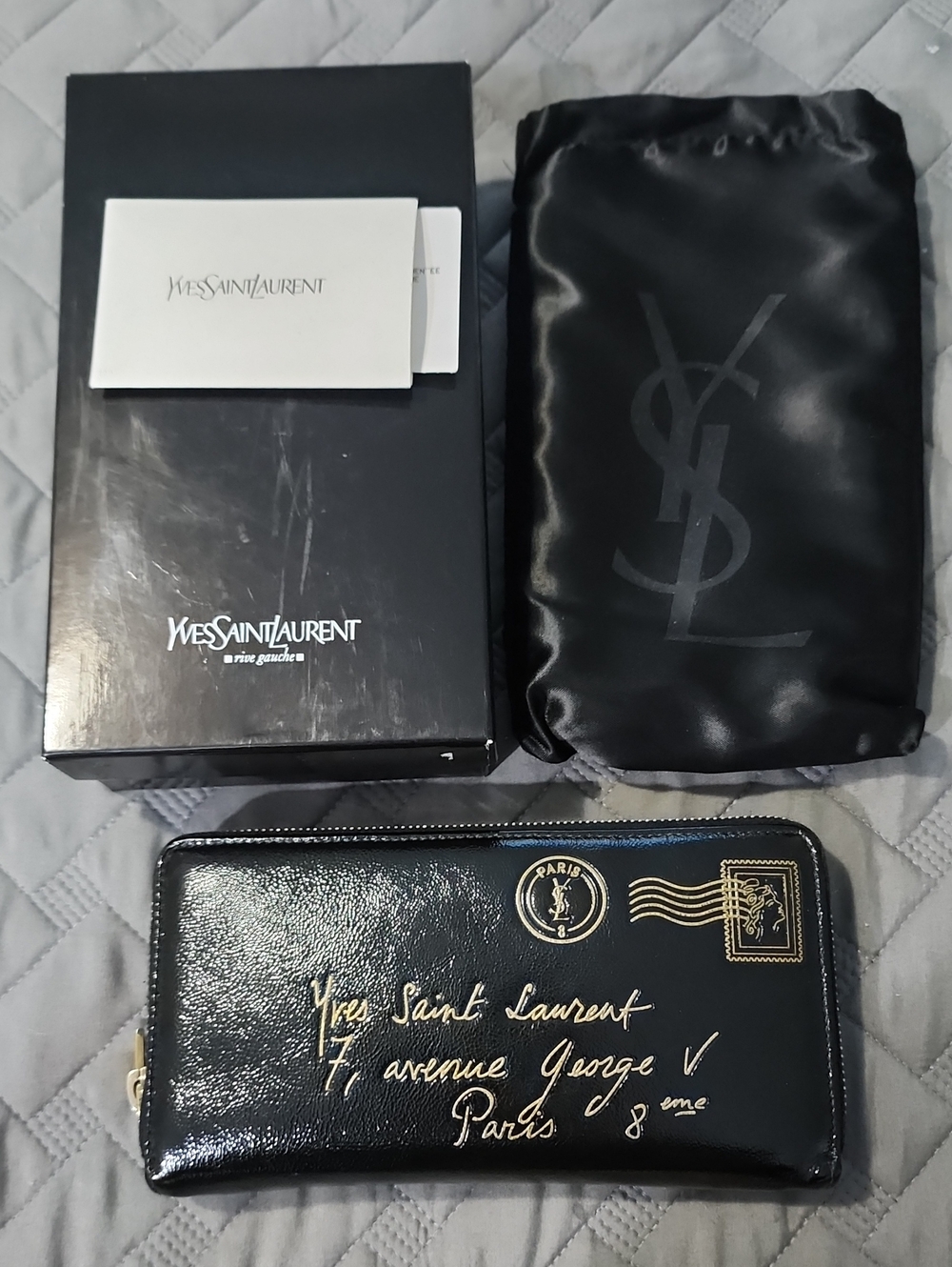 Yves Saint Laurent Black Patent Zip-Around Wallet with Box and Dustbag